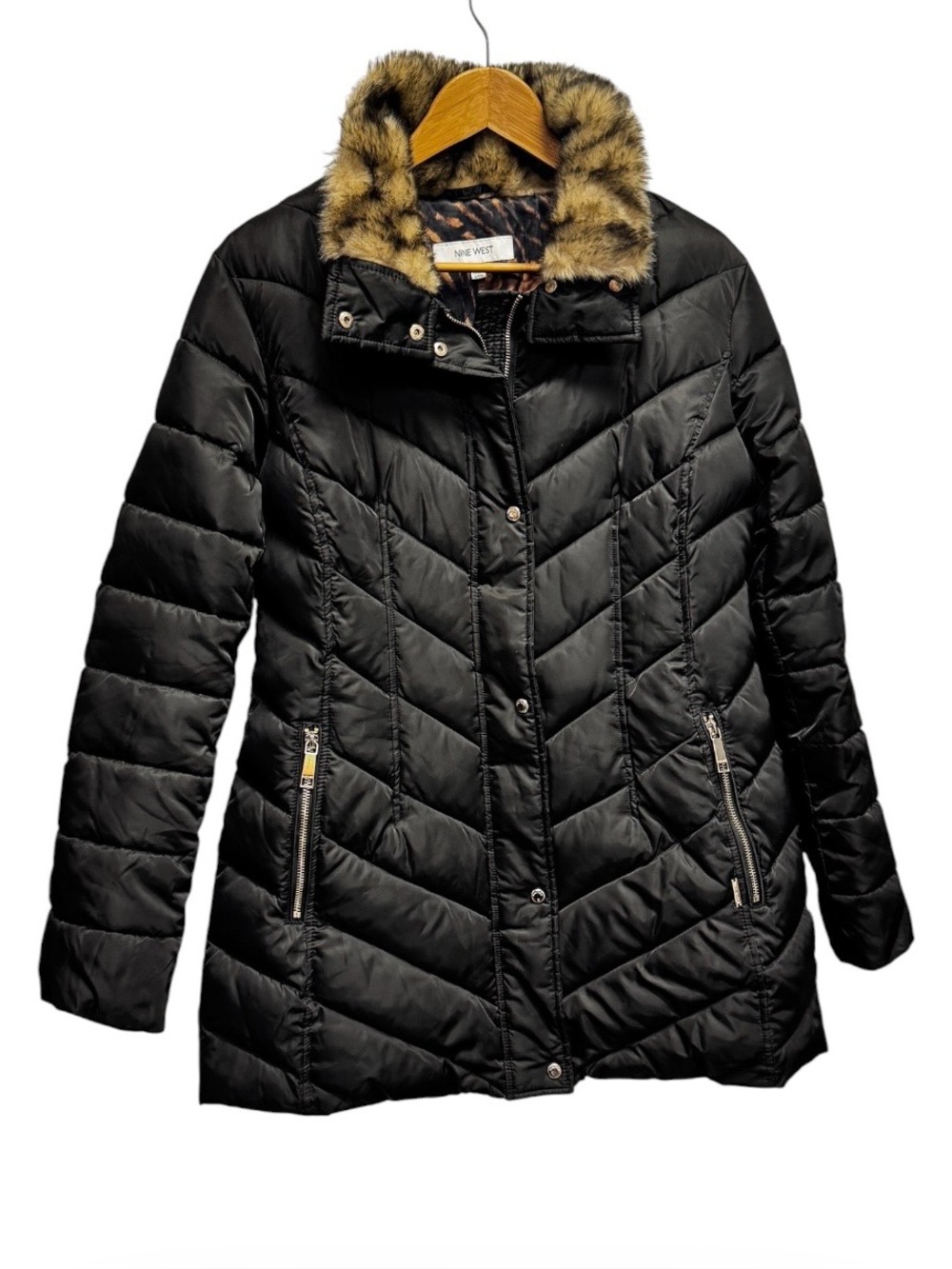 Nine West Black Quilted Puffer Coat with Faux-Fur Collar Medium